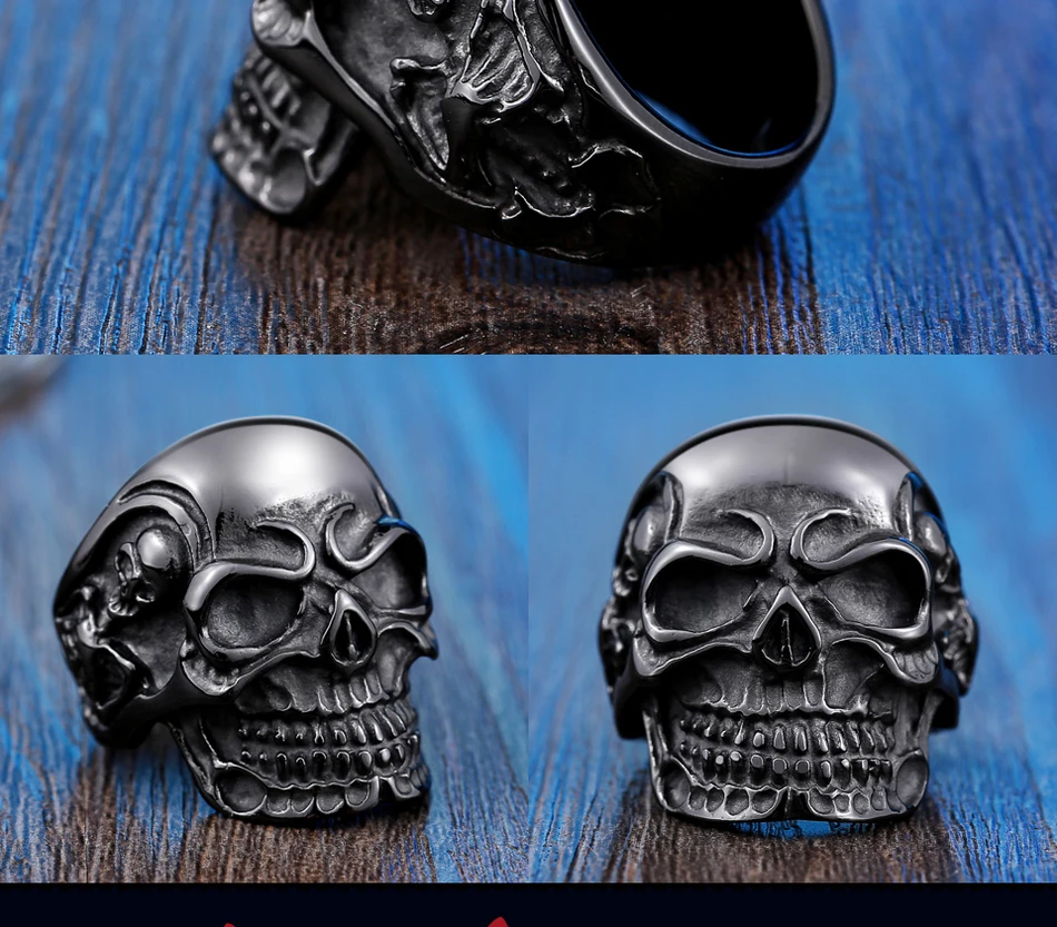 BEIER Dropshipping Fashion Stainless Steel Rings For Man Big Tripple Skull Ring Punk Biker Jewelry BR8-068