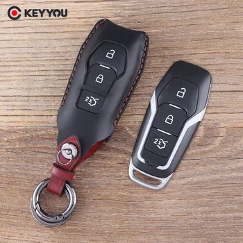 

KEYYOU 3 Buttons Remote Leather Key Shell Bag For Ford Mondeo Fusion Keychain Car Key Case Fob Cover