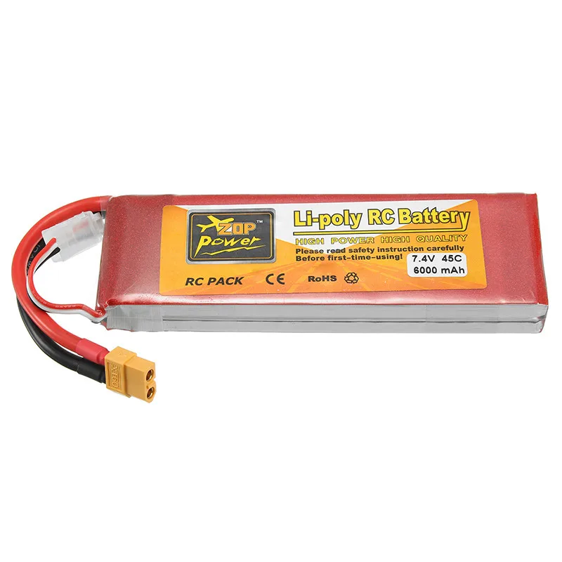 

Rechargable Lipo Battery ZOP Power 7.4V 6000mAh 45C 2S Lipo Battery XT60 Plug For Rc Racing Car