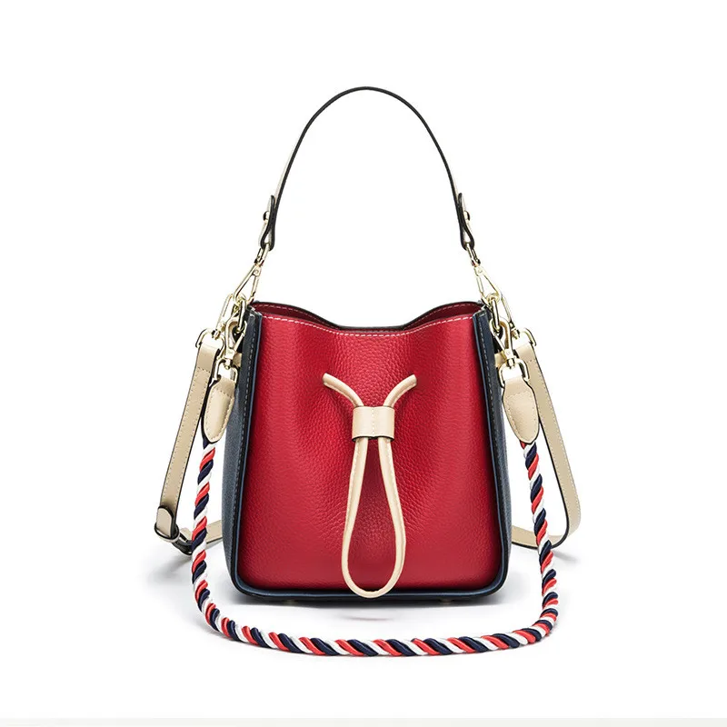 

2018 Women Panelled Genuine Leather Handbags Bucket Composite Bag Shoulder Messenger Bags Lady Handbag Cow Leather Casual Tote