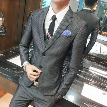 

Pure color suit jacket men + pants + vest business wedding party mens Suits 3XL - S