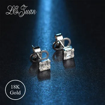 

L&zuan Deluxe Emerald Cutting Natural 0.4ct Diamonds Stud Earrings for Women Solid 18K Gold Earrings Wedding Jewelry Valentines