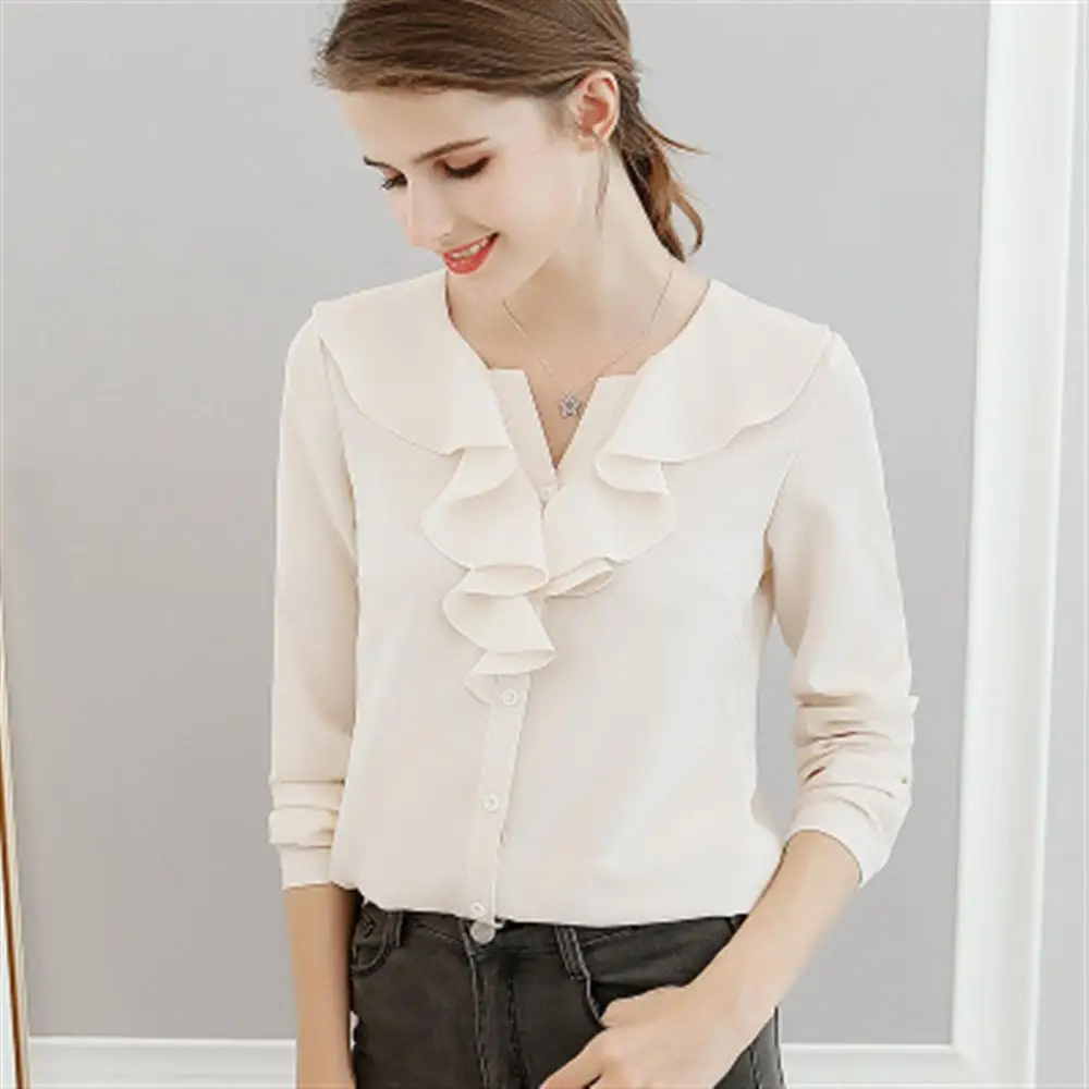 

2019 New Autumn Solid Color Fashion Neck Design Slimming Casual Chiffon Shirt Women Long Sleeve Blouses Tops