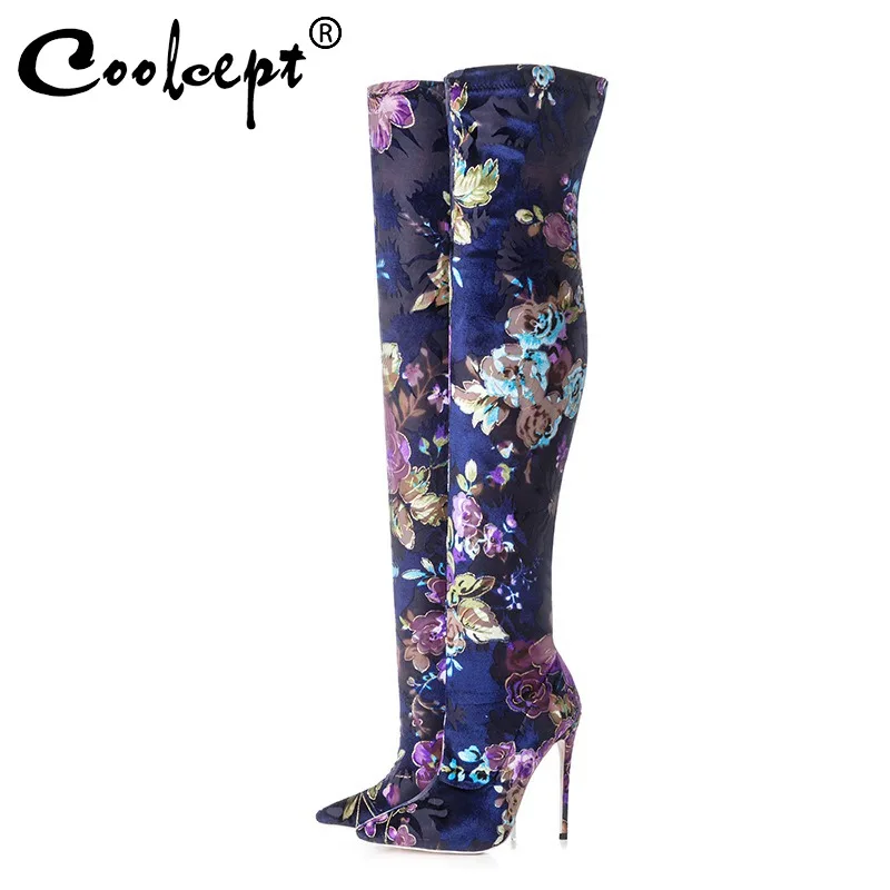 Coolcept Over The Knee Boots Women Winter Trade New Pointed Toe High Heels Boots Sexy Flowers Stretch Shoes Women Size 33-43