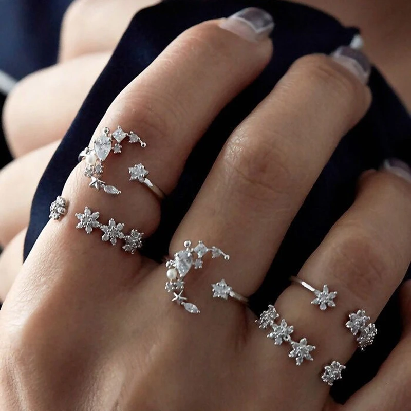 

Bohemia Retro Crystal Star Rings Simple Delicate hexagram Pave clear CZ Open Adjustable Rings For Women Wedding Anniversary Gift