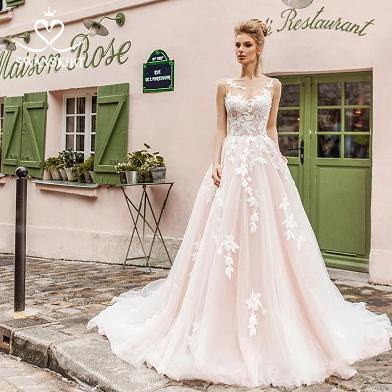 Розовое свадебное платье трапециевидной формы с аппликацией, винтажное платье принцессы с цветочным принтом и открытой спиной, платье невесты, vestido de noiva Z103