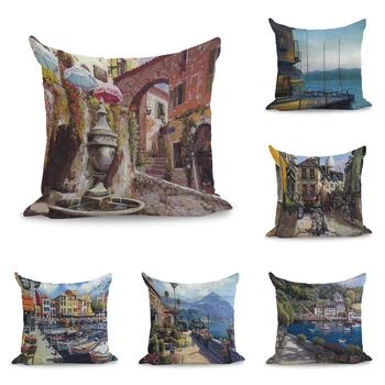 

Views of Corners of Venice City Landscape Painting Pillows Linen Couch Seat Cushion Throw Pillow Home Decor Gift