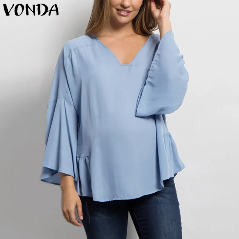 VONDA Maternity Летняя женская шифоновая рубашка для беременных с расклешенными рукавами и v-образным вырезом, Повседневная Свободная блузка для беременных, топы размера плюс