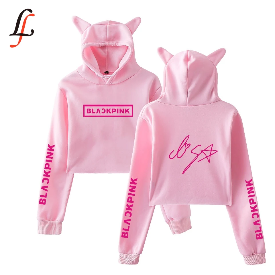 Blackpink harajuku Cat Ear Cap Hoodies fashion trend sala Cat Crop Top Women Hoodies Sweatshirt Sexy hot Kpop Clothes