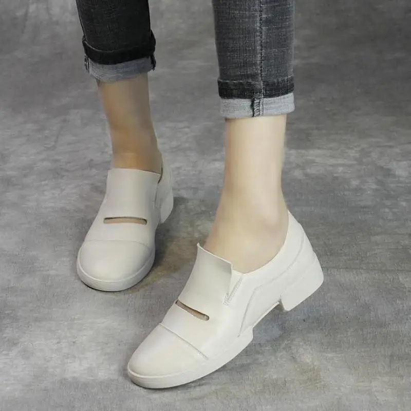 

Women Pumps White Leather Shoes Casual 3CM Low Heels Spring Shoes 2019 Handmade Women Genuine Leather Lazy Shoes Pumps Slip On