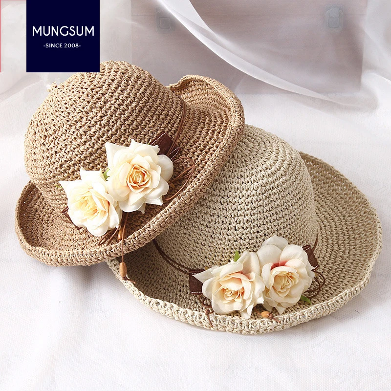 Nuovo Rafia all'uncinetto Fatti A Mano piega morbida di Paglia del sole di  estate cappelli per le donne ragazze chapeau femme Cappello Della Spiaggia  di Giorno della Madre regalo|sun hat|hat visorvisor hat -
