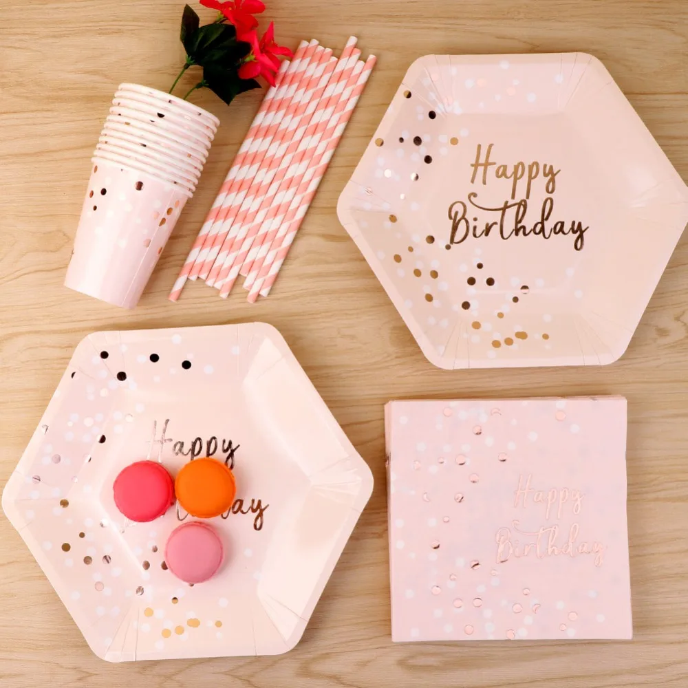 OurWarm Happy Birthday Disposable Party Tableware Pink Paper Cups Plates Napkin s Kids Birthday Party Supplies