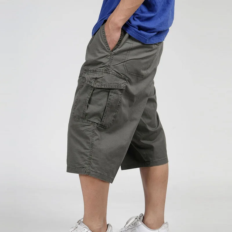 3/4 мужские летние мешковатые брюки карго из хлопка длиной до середины икры размера плюс, повседневные брюки, мужские большие свободные большие размеры 4XL 5XL 6XL, черные - Цвет: Армейский зеленый