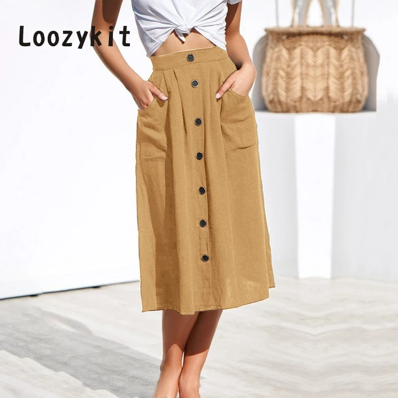 

LOOZYKIT 2019 New Women Skirts Casual Loose Solid Button Slim Cotton Skirt Summer High Waist Bohemian Beach Long Maxi Skirts
