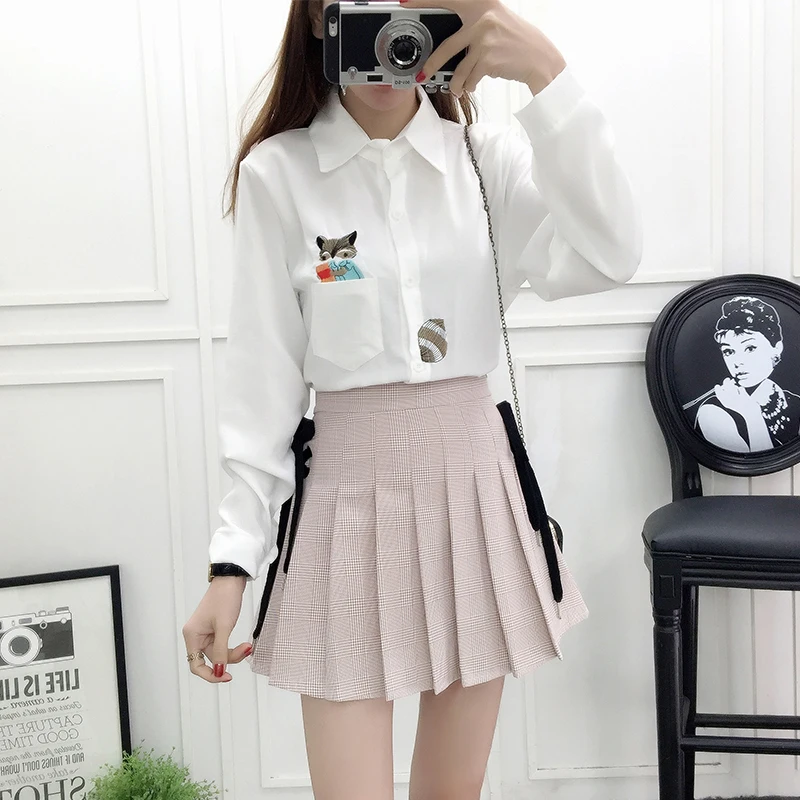 

spring new institute wind embroidery chiffon white shirt pleated bust skirt grid two-piece outfit girl vestido clothing set