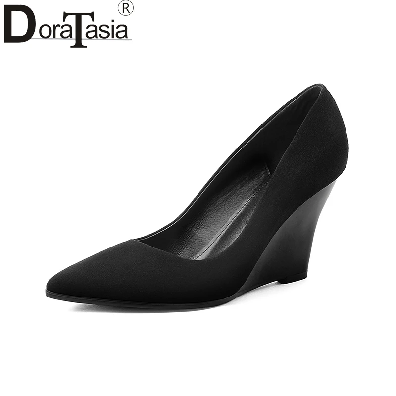 

DoraTasia 2018 Kid Suede Wedge High Heels Large Size 33-40 Pointed Toe Shoes Woman Slip On Black Pumps Woman Shoes