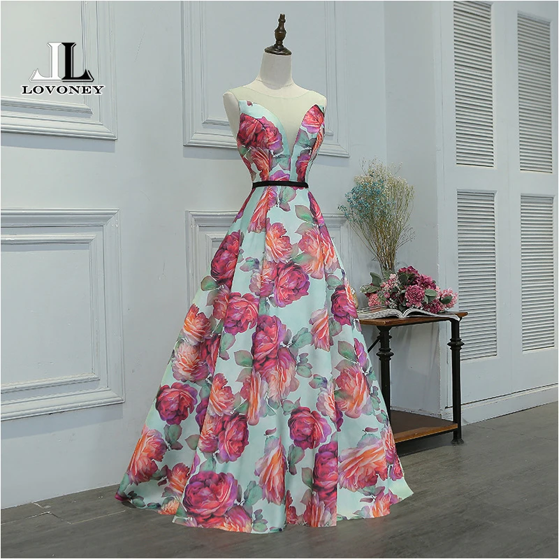 LOVONEY Evening Dress Long Flower Print Formal Dress Elegant Woman Occasion Party Dresses Evening Gown Robe De Soiree M218