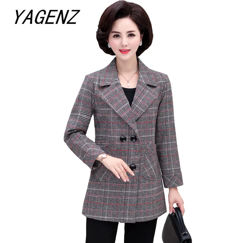 

Fashion Middle-aged Women Large size Plaid Wool Jacket Autumn Double-breasted Pocket Loose Female Short Coat Casual Tops XL-5XL