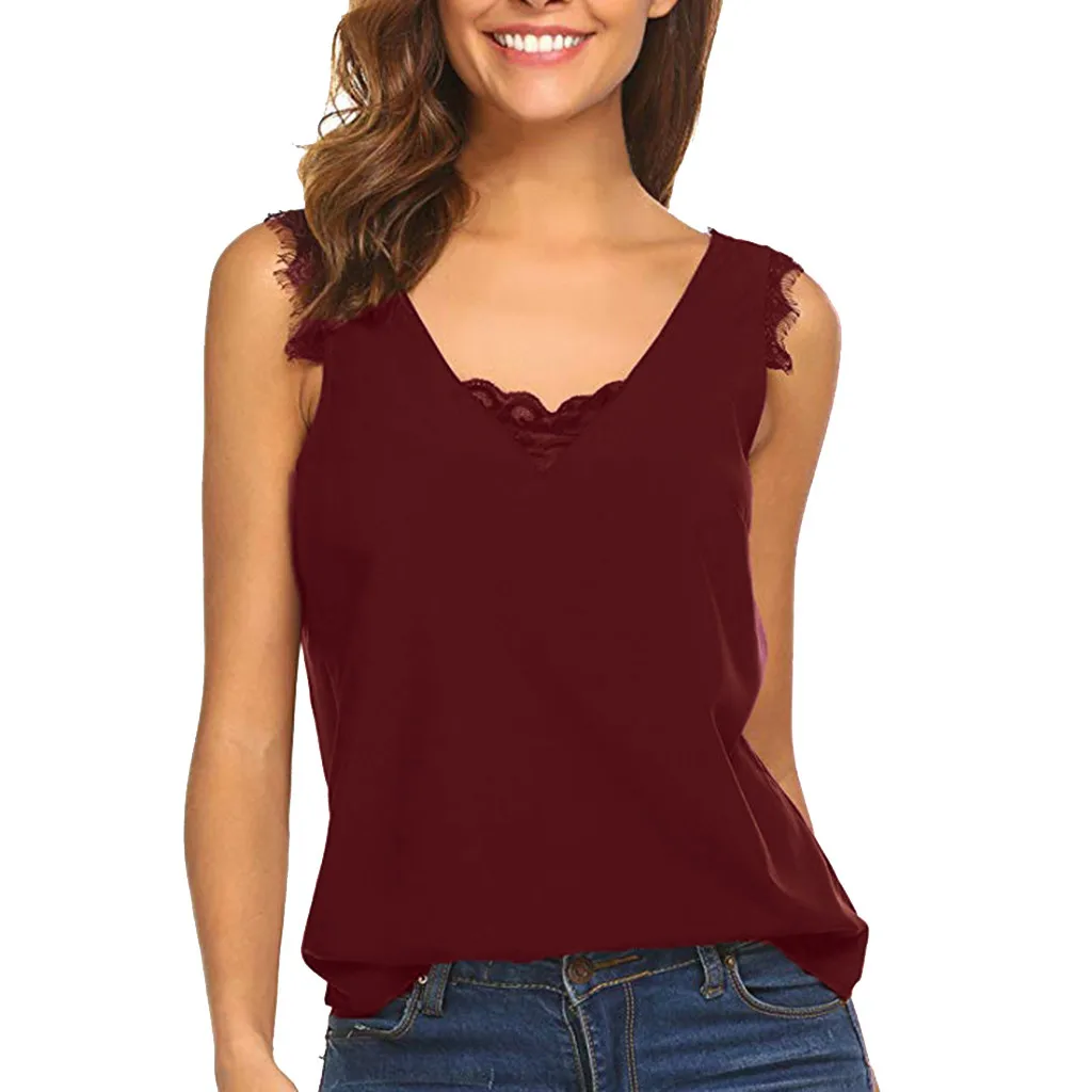 

Feitong Chiffon V Neck Crop Tops Women Sexy Sleeveless Lace Patchwork Casual Tank Top Black Solid Color Loose Vest Camisas Mujer