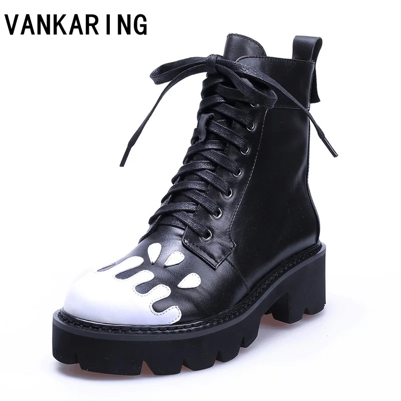 

VANKARING genuine leather women's ankle boots lace-up thick platform high heels warm shoes autumn winter riding snow boots woman