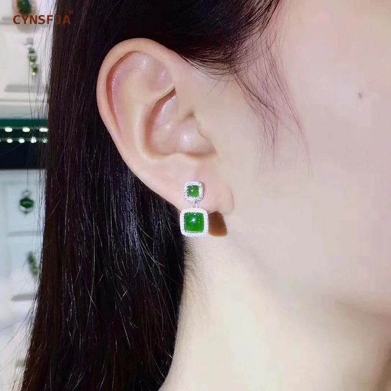

Certified Natural Hetian Jasper Inlaid 925 Sterling Silver Handmade Lucky Jade Earrings Green High Quality Wonderful Gifts