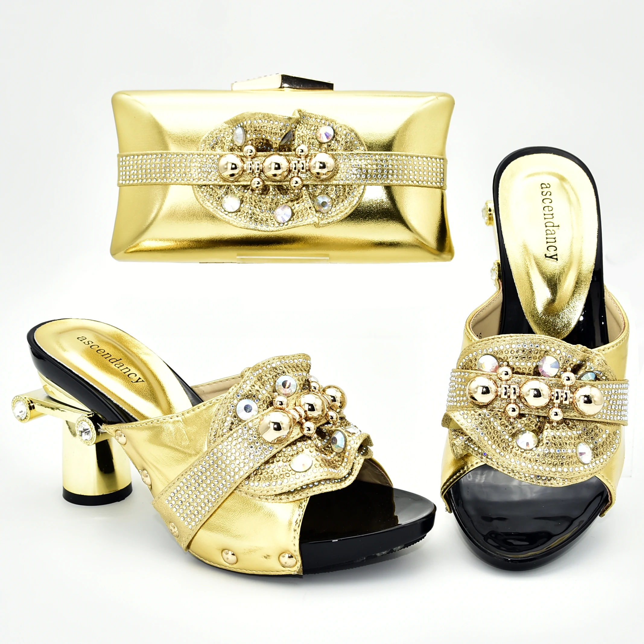 

3.5 inches slippers shoes with clutches bag for african aso ebi party in gold color high quality shoes and bag italian SB8397-4