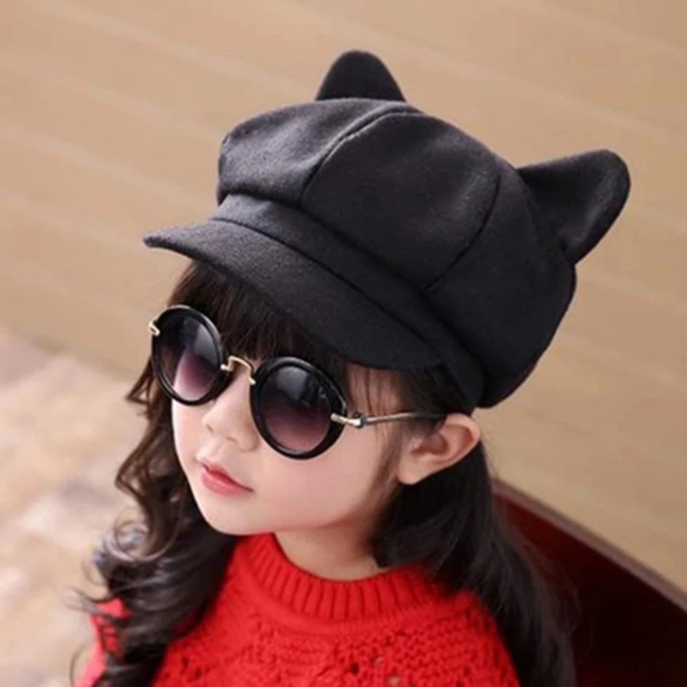 Корейские модные береты, шапки для женщин, девочек, милые кошачьи ушки, однотонная шерстяная фетровая кепка газетчика, осенне-зимняя хлопковая восьмиугольная кепка