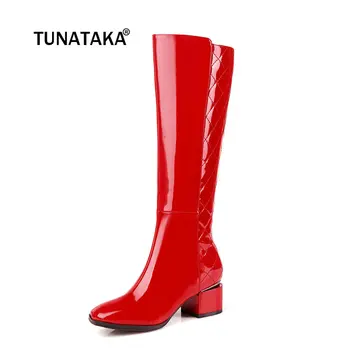 

Women Genuine Leather Comfort Low Heel Knee High Boots Fashion Zipper Square Toe Warm Winter Shoes Black Red White