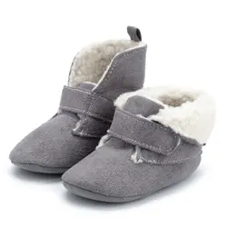 Однотонные зимние ботинки для новорожденных девочек и мальчиков короткие плюшевые ботинки с бантиком теплая обувь на мягкой подошве для
