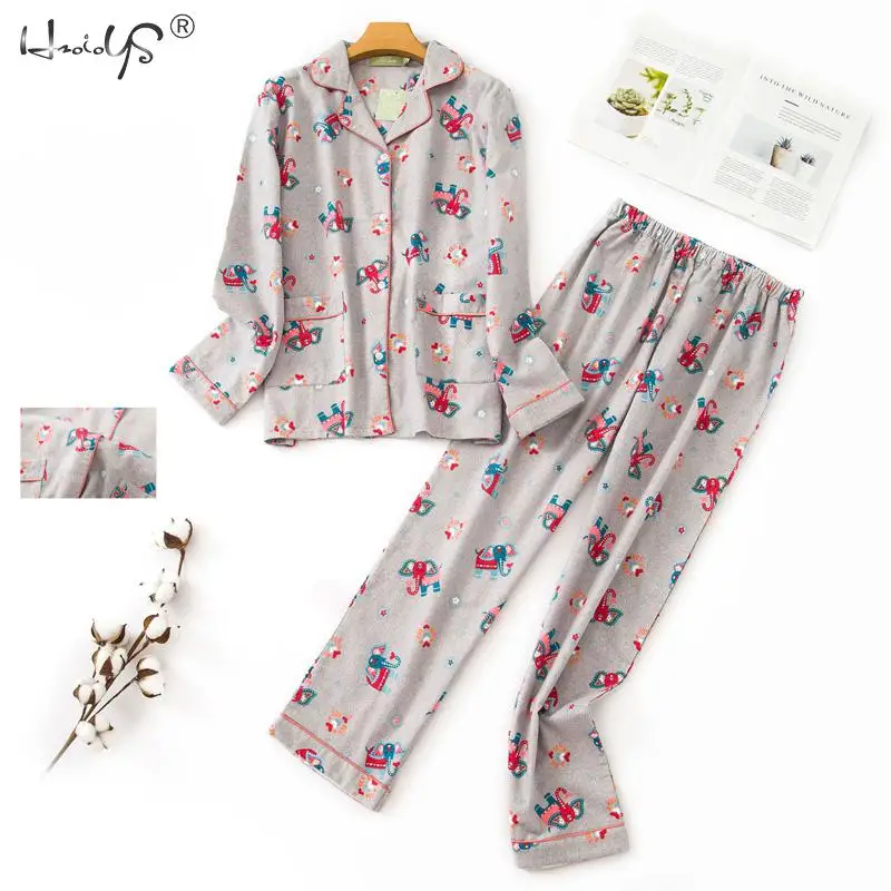 

Korean Pyjama Turn-down Collar Pajamas Women Cotton Long Sleeve Pajamas Set Women's Autumn Winter Casual Sleepwear With Pocket