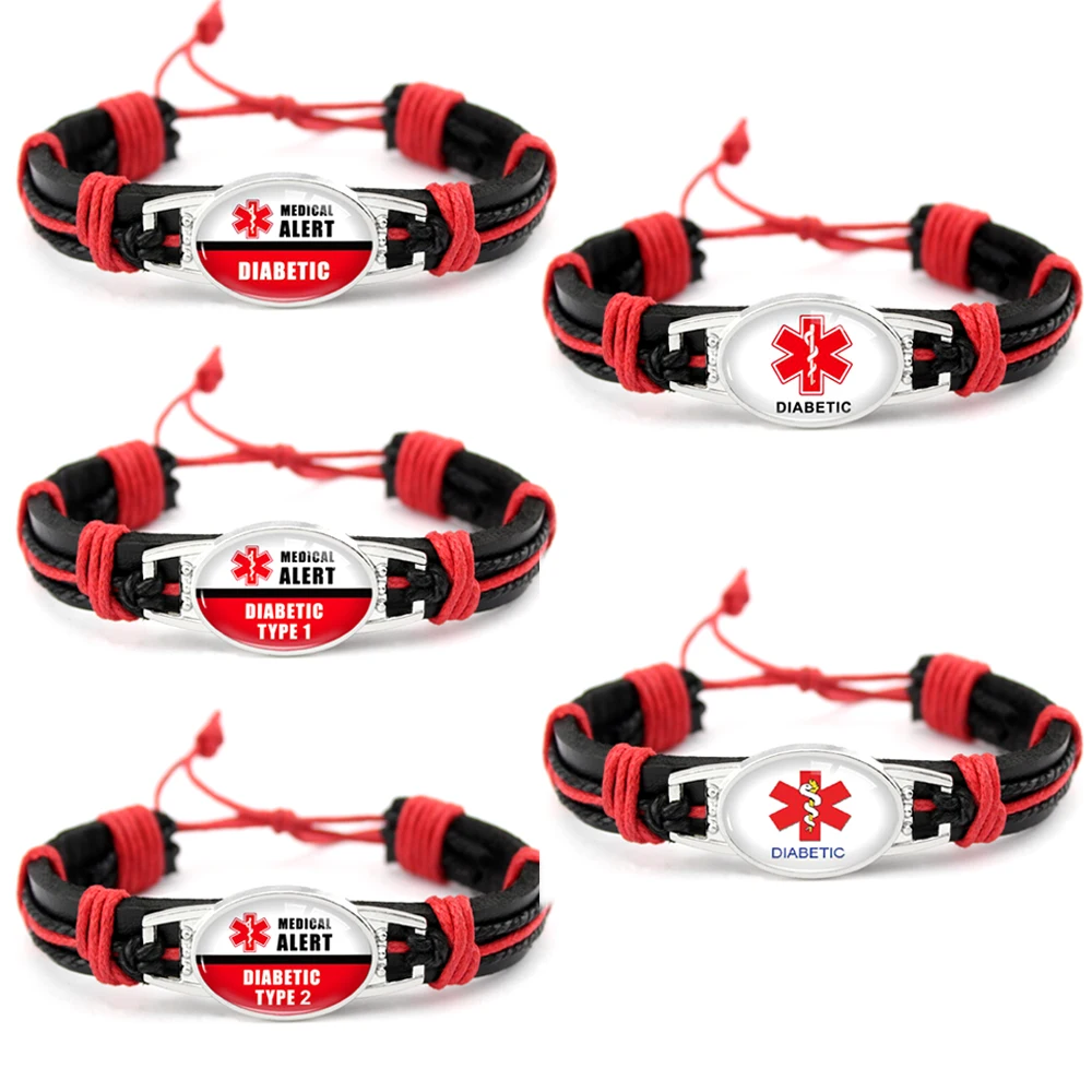 

Diabetes Diabetic Type 1 2 Medical Alert Leather Bracelets 25*18mm Glass Dome Cabochon Jewelry Women Men Girl Boy Unisex Gift