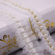 Ribete de encaje de malla con perlas blancas, 1 yarda, 2 estilos, cinta de encaje, Collar de tela, materiales de costura para tocado de ropa, 2/3cm de ancho