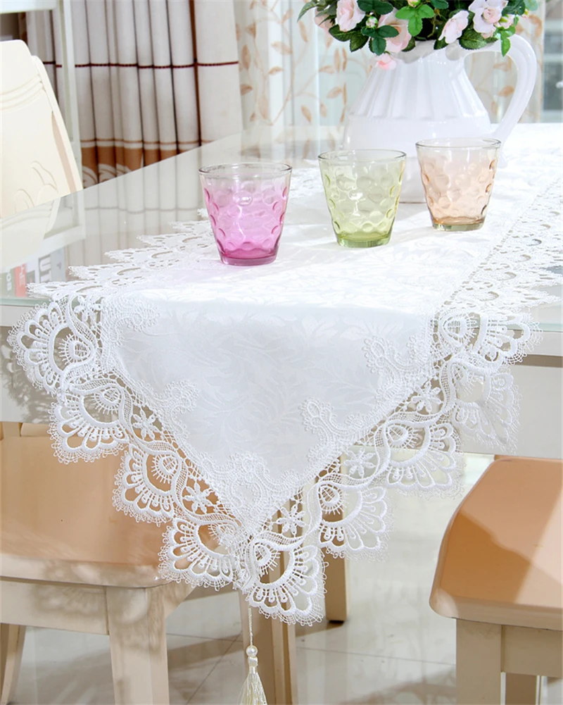 Lanweini Europe Wedding Tablecloth Embroidered Floral White Round Tea Table Cloth For Table Cover Lace Rectangle Table Decor    