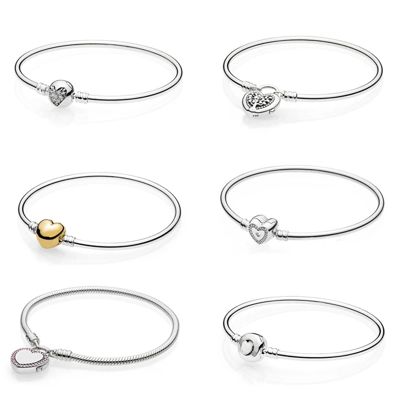 

You Melt My Heart Silver Bangles DIY Jewelry Pink CZ Promise Heart Lock Snake Chain Women Charm Bracelets & Bangles Love Jewelry