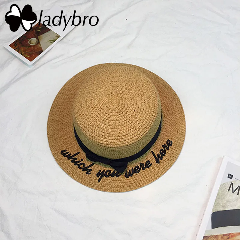 Ladybro, который вы были здесь Летние Женская Солнцезащитная шляпа соломенная шляпа пляж Boater путешествия письмо шляпа Леди Плоская Fedora женский Chapeau Femme - Цвет: 002 khaki