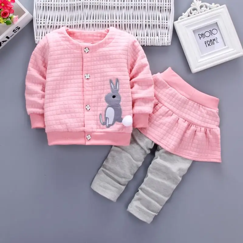 

2018 Spring Fall Cotton Child Infant Baby Set Little Girls Clothes Sets Cartoon Cardigan Coat+Skirt Long Pants 2 Pcs Suit JW6206