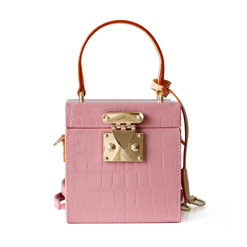 pink Модные Сумки из натуральной крокодиловой кожи с верхней ручкой, кожаный ремешок, женская сумка на плечо, одноцветная сумка через плечо в форме коробки для женщин - Цвет: pink