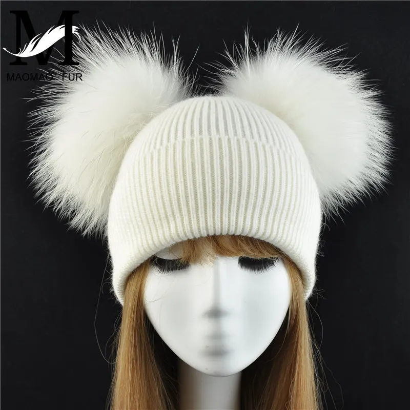 Big Fur Ball Hat Female Fur Pom Poms Spring Hats for Women Wool Knitted ...