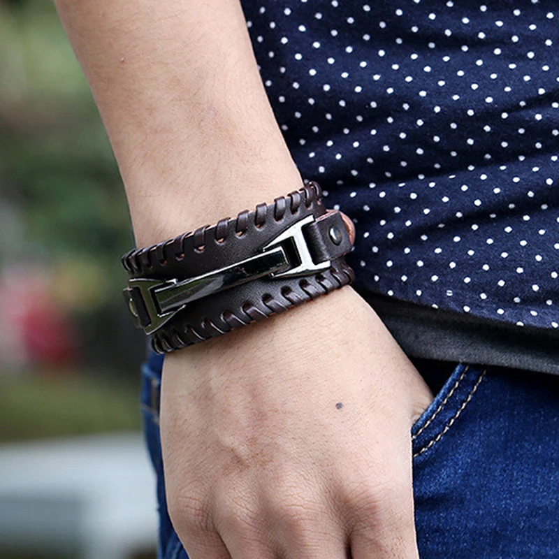 

Vintage Leather Men Bracelets Punk Handmade Wide Cuff Rope Bracelet Woven Wristband Bangles For Men Jewelry