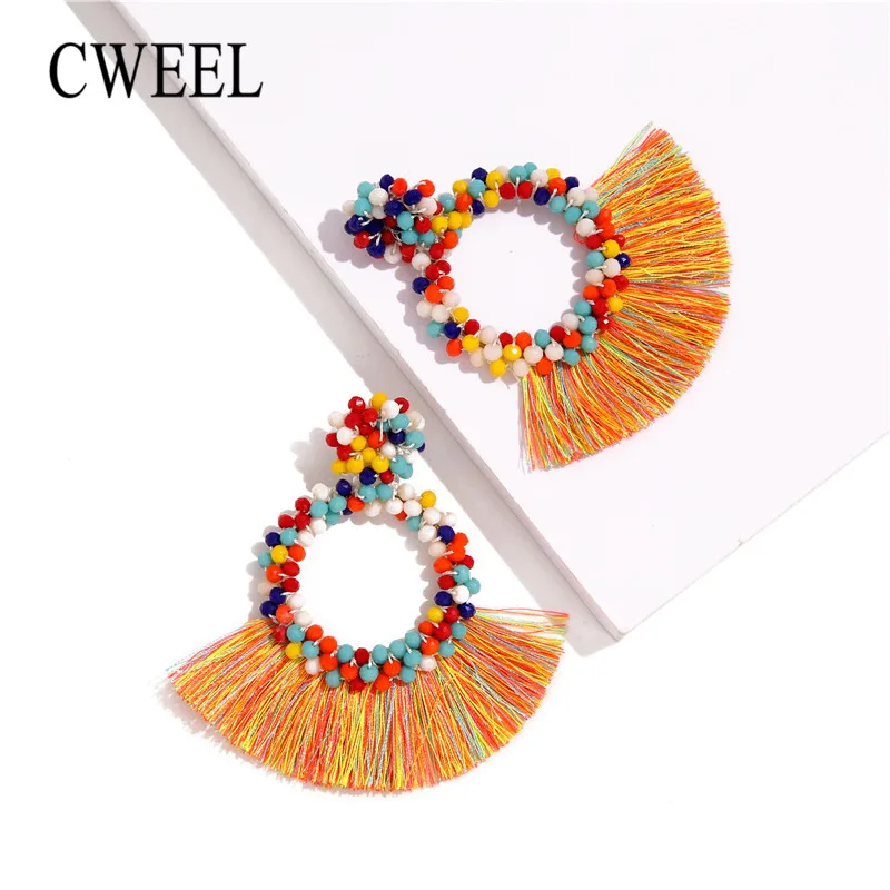 

CWEEL Round Beaded Drop Earrings For Women Bohemian Wedding Tassel Earings Fashion Jewelry Brincos Fringe Earring Statement