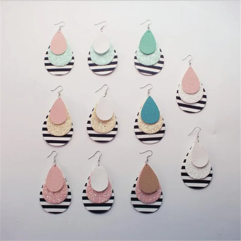 Женские трехслойные серьги капли из кожи Разноцветные искусственной с блестками