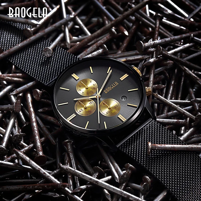 

BAOGELA Men's Watch Waterproof, Analog Quartz Wrist Watches Gold With Black Stainless Steel Mesh Band, Chronograph Date 1611Alex