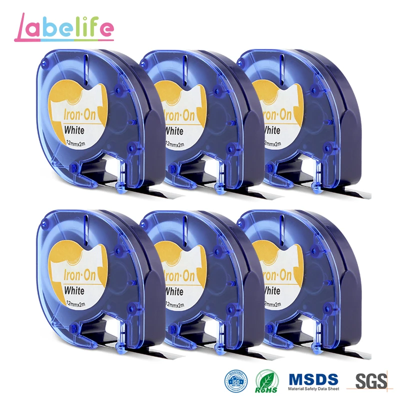 Labelife 6pcs Dymo 18771(18768,18769,18770) Fabric Iron on black on white 12mm*2m compatible ...