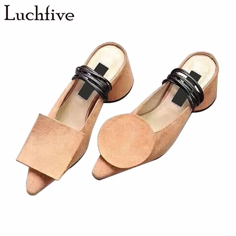 

2019 Beige Summer Slippers Geometric Round Heel Shoes Sexy Pointed Toe Lace Up Fashion Slides Black Zapatos De Mujer