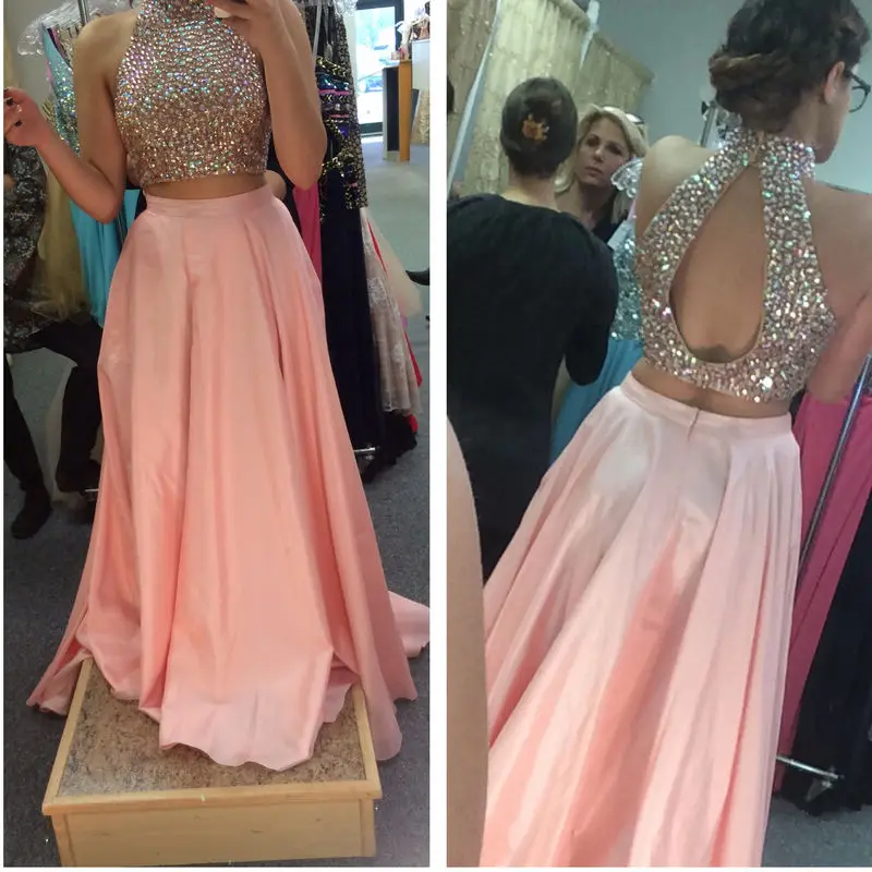 Sparkly Rhinestone Long Prom Dresses Halter Top Off The Shoulder