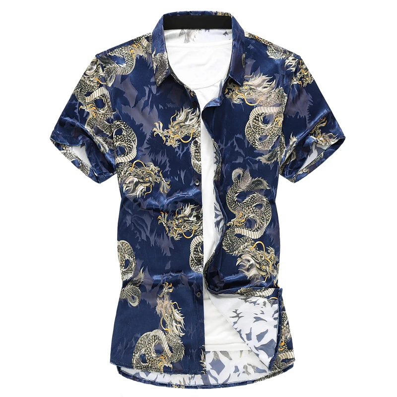 

2019 Summer Chinese Style Shirt Dragon Print Fashion Brand Men Shirt Business Casual Short Sleeve Shirt Male Slim Social Shirt