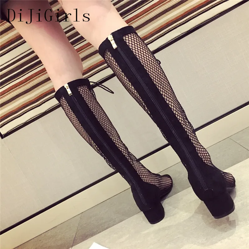 DiJiGirls/женские босоножки с острым носком; уличная мода; сетчатые вечерние летние сапоги до колена на квадратном среднем каблуке со шнуровкой