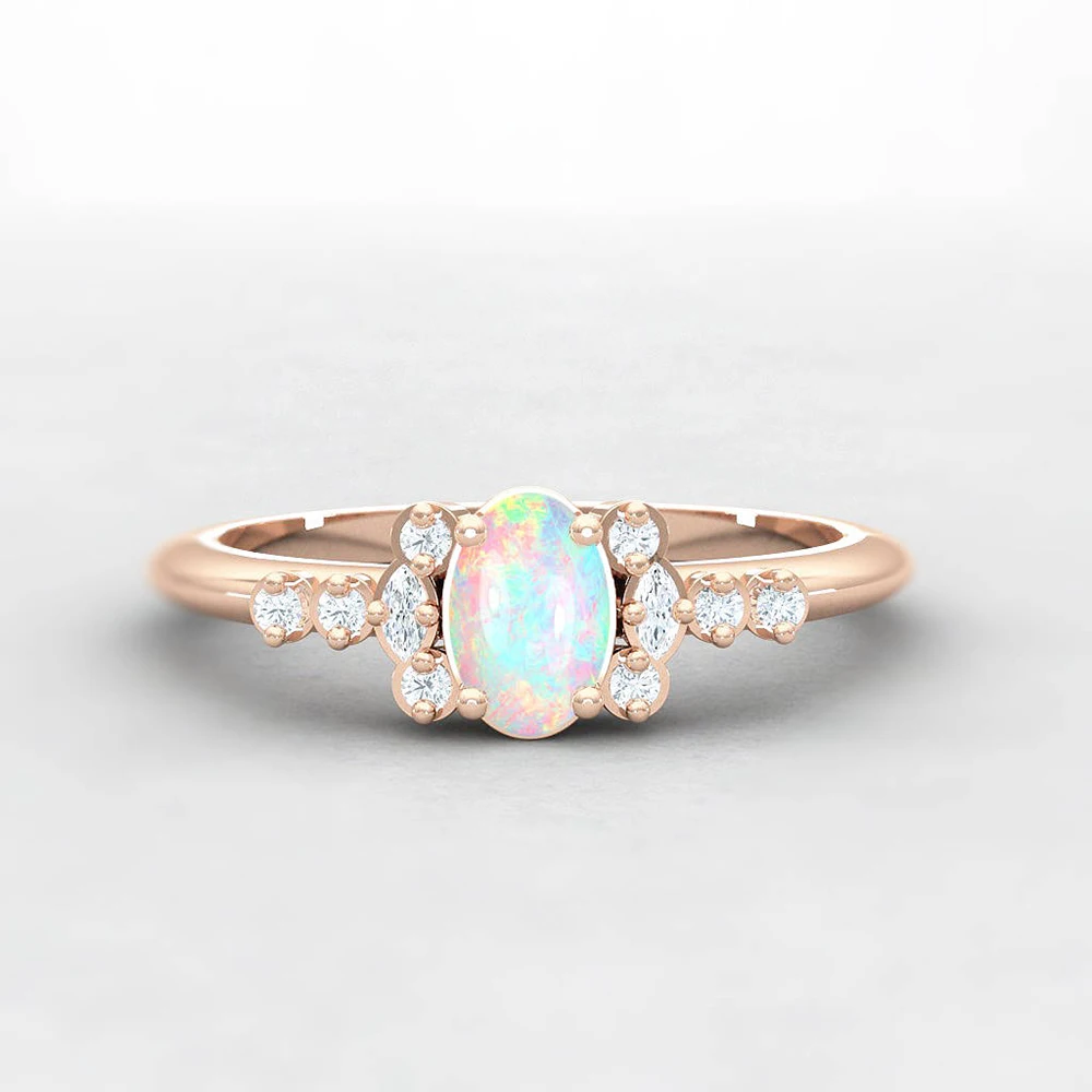 

100% Natural Austrialian Fire Opal Oval Shape 6*8mm Gemstone Ring with Moissanite in 14k Rose Gold with Gift Box