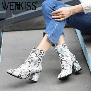 

WETKISS Print Pu Women Ankle Boots Zip Pointed Toe Footwear Thick High Heels Female Boot Party Shoes Women 2018 New Winter