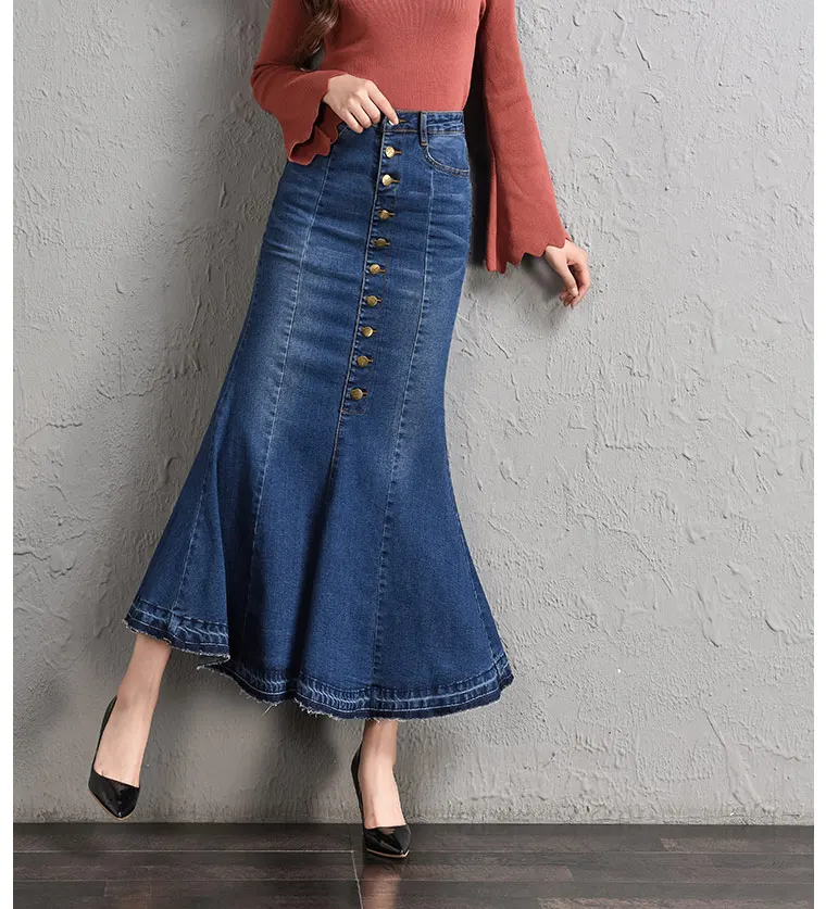 De Adelgaza Las Tyn0731 Mezcla Casual Imperio Mujeres Moda Vintage Botón Para Nueva Denim Primavera Trompeta Azul Faldas Otoño Algodón ZXUqnUgd